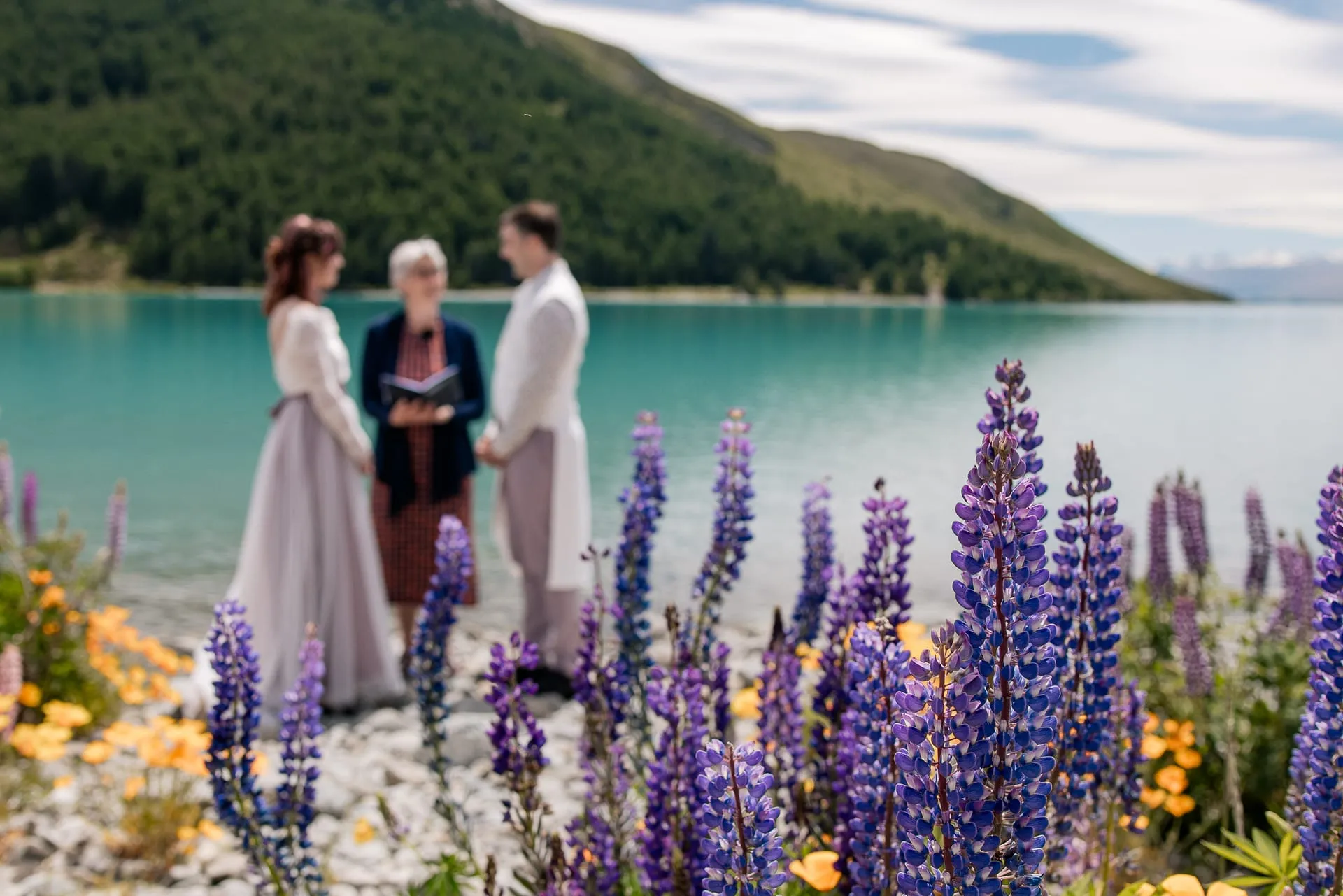 A couple exchanging vows with their celebrant on the lupin-lined shore of Lake Tekapo