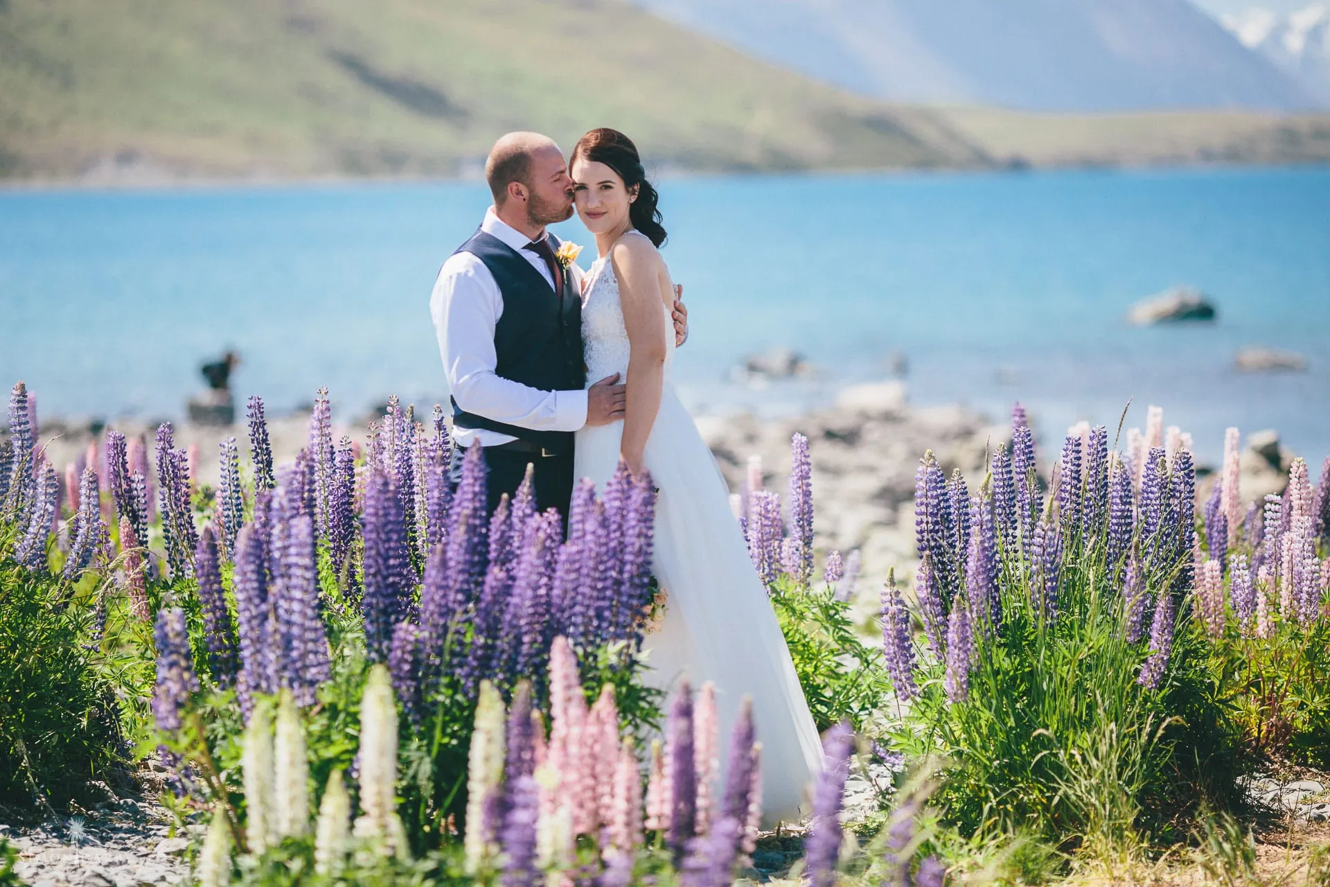A groom kissing his bride among purple lupins beside turquoise Lake Tekapo